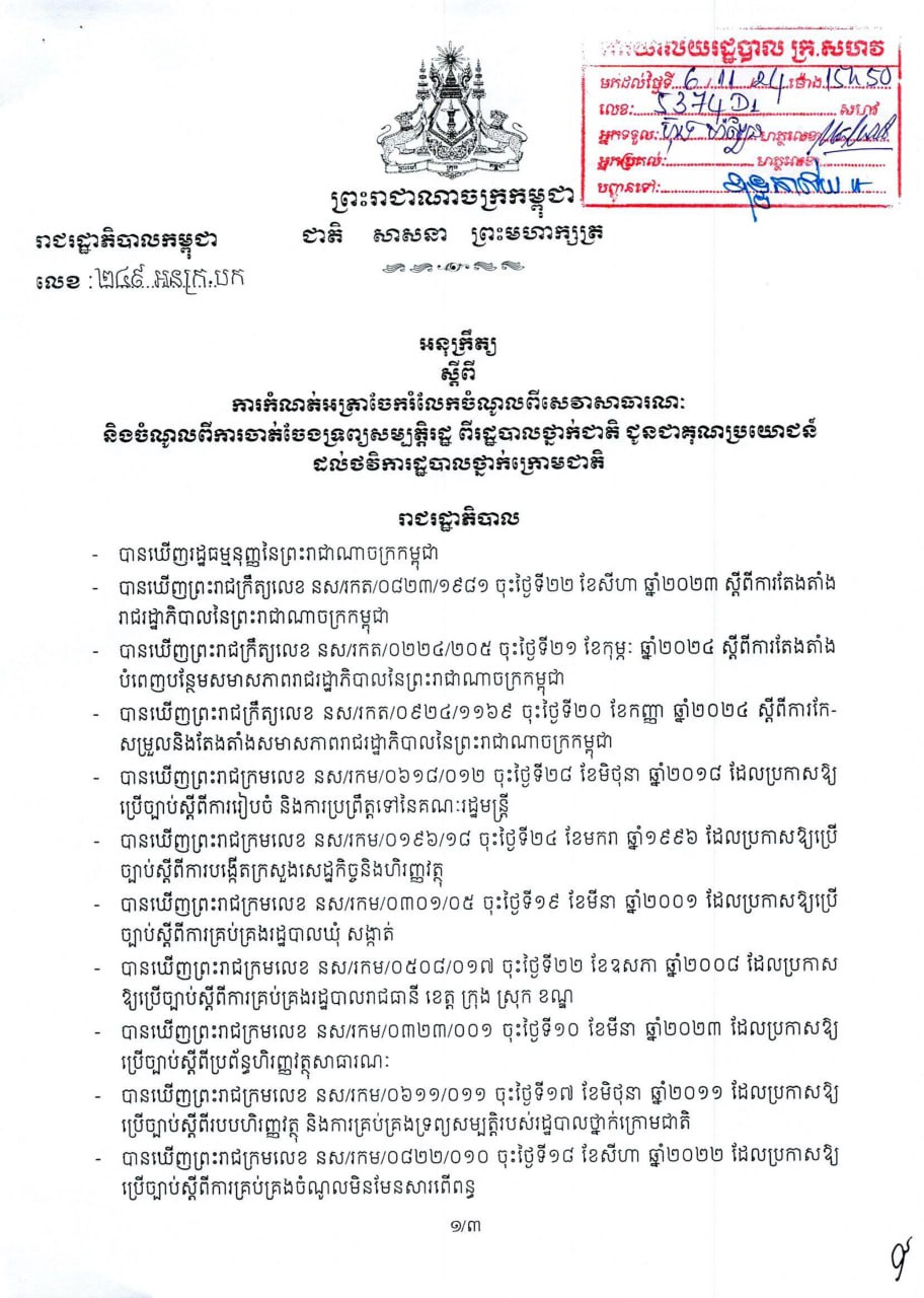 អនុក្រឹត្យលេខ២៤៩ ចុះថ្ងៃទី១ ខែវិច្ឆិកា ឆ្នាំ២០២៤ ស្ដីពីការកំណត់អត្រាចែករំលែកចំណូលពីសេវាសាធារណៈ និងចំណូលពីការចាត់ចែងទ្រព្យសម្បត្តិរដ្ឋ ពីរដ្ឋបាលថ្នាក់ជាតិ ជូនជាគុណប្រយោជន៍ដល់ថវិការដ្ឋបាលថ្នាក់ក្រោមជាតិ