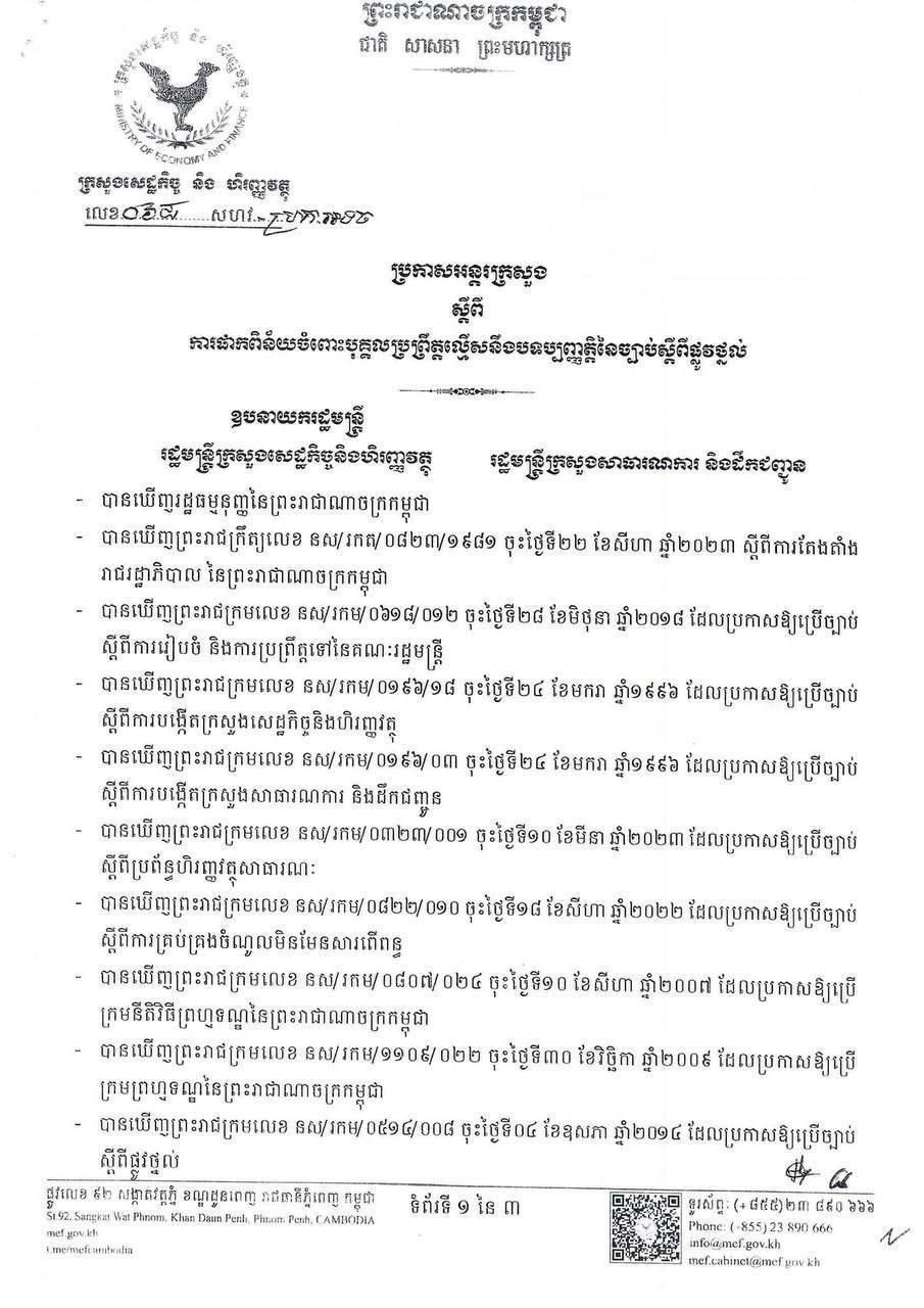 ប្រកាសអន្តរក្រសួង ស្តីពីការផាកពិន័យចំពោះបុគ្គលប្រព្រឹត្តល្មើសនឹងបទប្បញ្ញត្តិនៃច្បាប់ស្តីពីផ្លូវថ្នល់