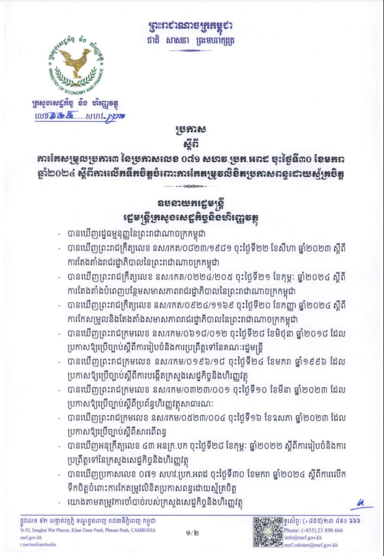 ប្រកាសស្ដីពីការកែសម្រួលប្រការ ៣ នៃប្រកាសលេខ ០៧​១ សហវ.ប្រក.អពដ ចុះថ្ងៃទី៣០ ខែមករា ឆ្នាំ​២​​០​២៤ ស្ដីពីការលើកទឹកចិត្ត​ចំពោះកា​រកែ​តម្រូ​វ​លិ​ខិ​តប្រកាសពន្ធដោយស្ម័គ្រចិត្ត