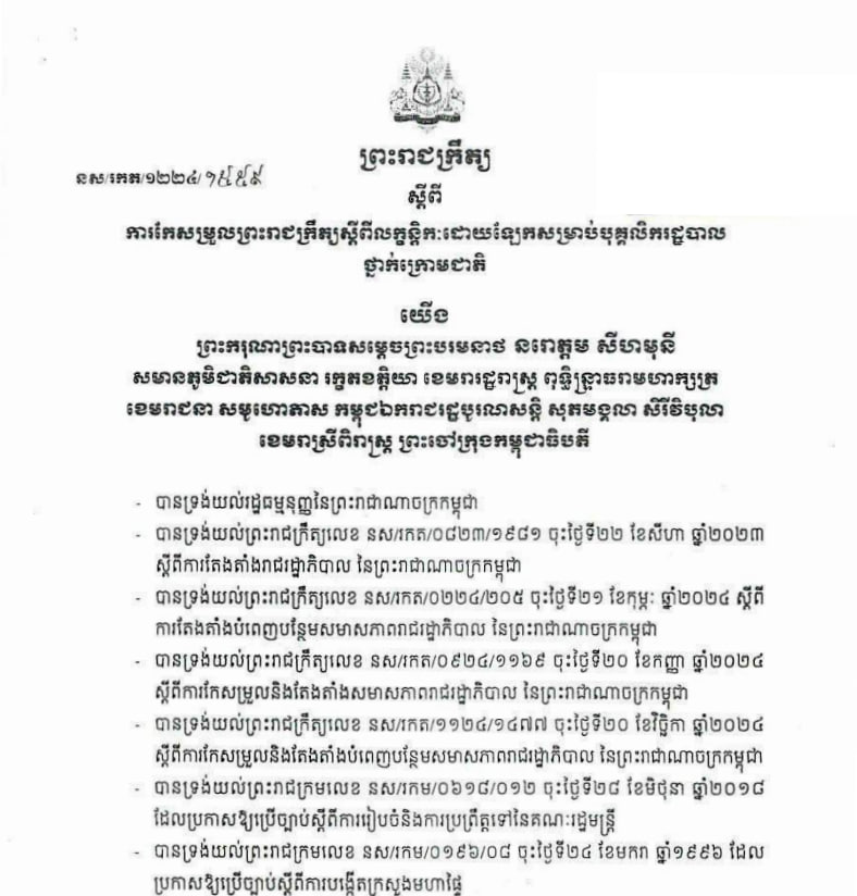 ព្រះរាជក្រឹត្យលេខ នស/រកត/១២២៤/១៥៥៩ ស្តីពីការកែសម្រួលព្រះរាជក្រឹត្យលក្ខន្តិកៈដោយឡែកសម្រាប់បុគ្គលិករដ្ឋបាលថ្នាក់ក្រោមជាតិ